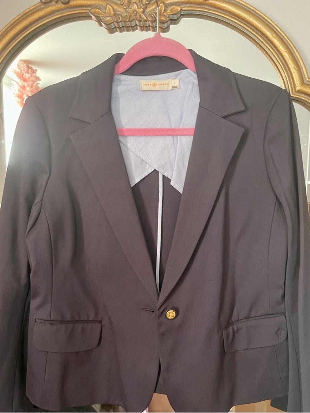 Tory Burch Black Single-Button Tailored Blazer with Gold Button